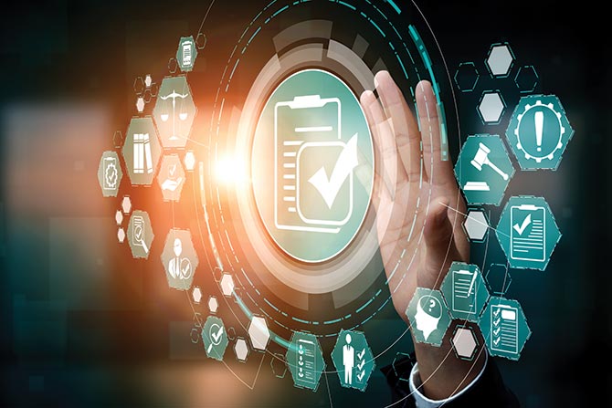 Compliance Q&A; A hand reaches towards a glowing digital interface featuring a large checkmark and file icon, surrounded by hexagonal icons representing technology and data.